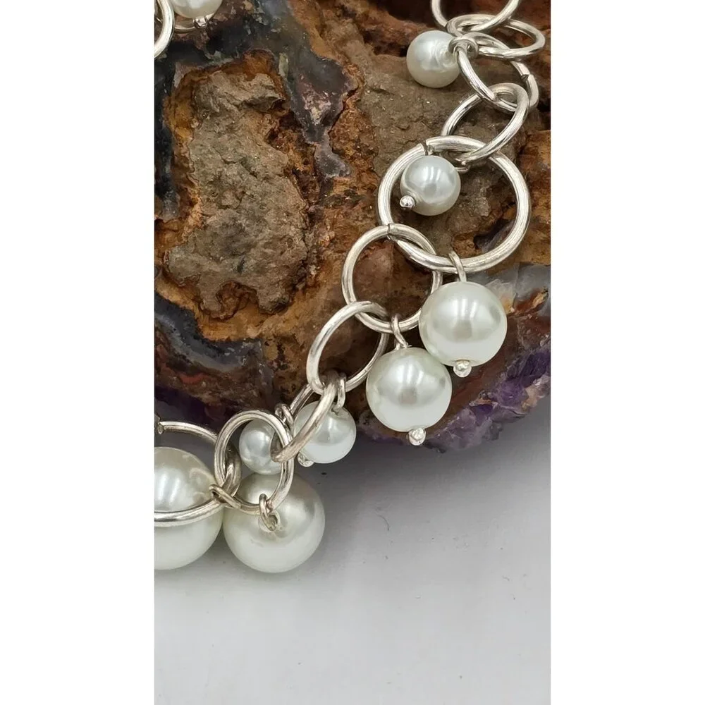 Silver Tone Dangle Faux Pearl Charm Bracelet Circle Link Toggle Clasp Jewelry